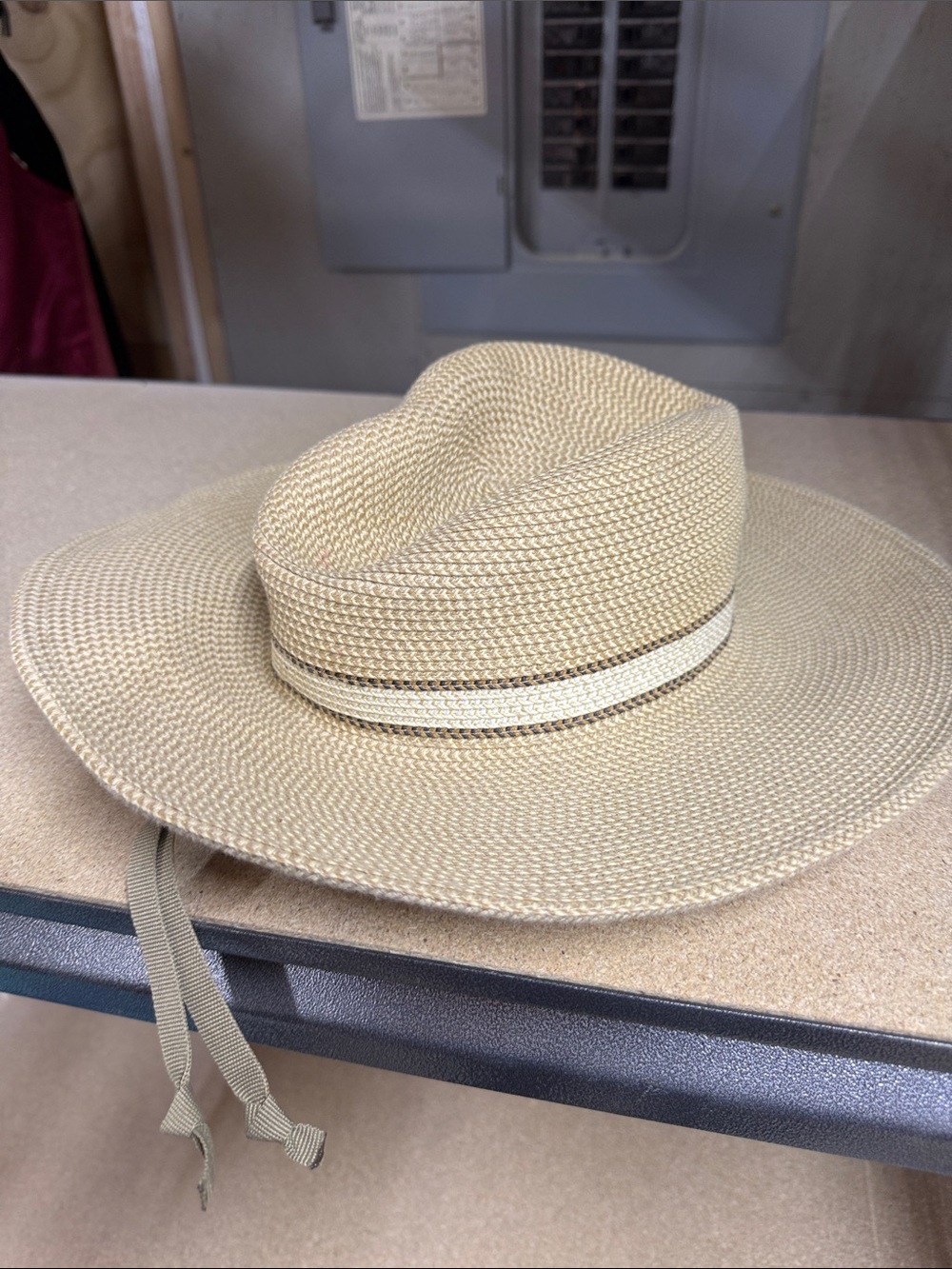 Solar Escape Wide Brim Straw Sun Hat Beige Adjustable Chin Strap One Size